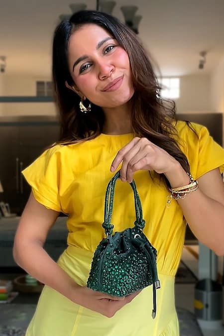 Buy_Plode_Green Stones Swarovski Crystal Embellished Micro Bucket Bag _Online_at_Aza_Fashions