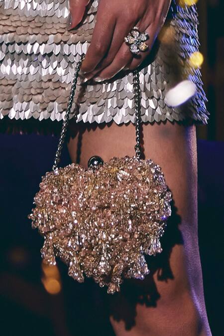 Plode Pink Beads, Tassels Embellished Micro Heart Bag Online at Aza Fashions Plode_Pink Beads, Tassels Embellished Micro Heart Bag _Online_at_Aza_Fashions
