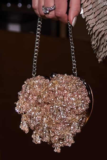 Shop Plode Pink Beads, Tassels Embellished Micro Heart Bag Online at Aza Fashions Shop_Plode_Pink Beads, Tassels Embellished Micro Heart Bag _Online_at_Aza_Fashions