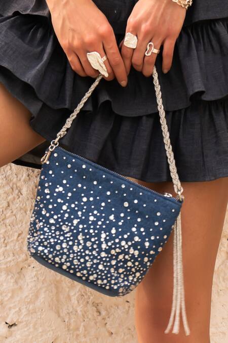 Plode Blue Crystals, Rhinestones Galaxy Embellished Potli Handbag Online at Aza Fashions Plode_Blue Crystals, Rhinestones Galaxy Embellished Potli Handbag _Online_at_Aza_Fashions