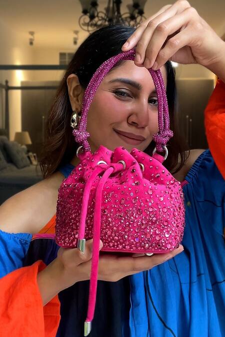 Plode_Pink Stones Swarovski Crystal Embroidered Micro Bucket Bag _Online_at_Aza_Fashions