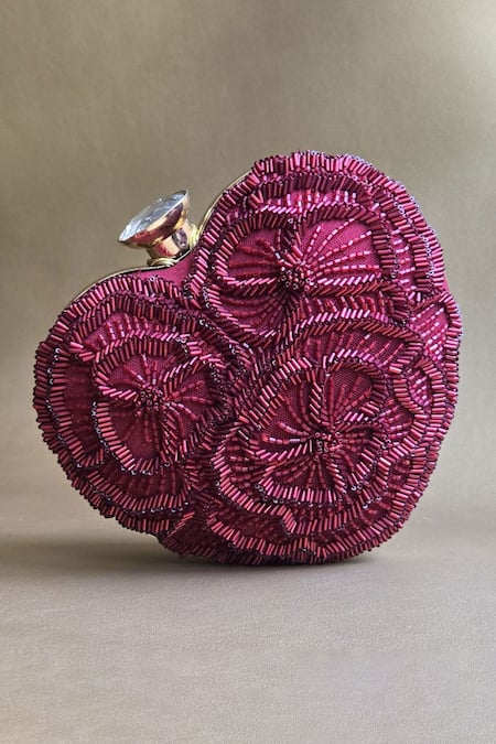 Plode Red Cut Work, Embroidery Embellished Heart Clutch With Sling 