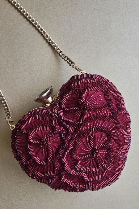 Plode_Red Cut Work, Embroidery Embellished Heart Clutch With Sling _Online_at_Aza_Fashions