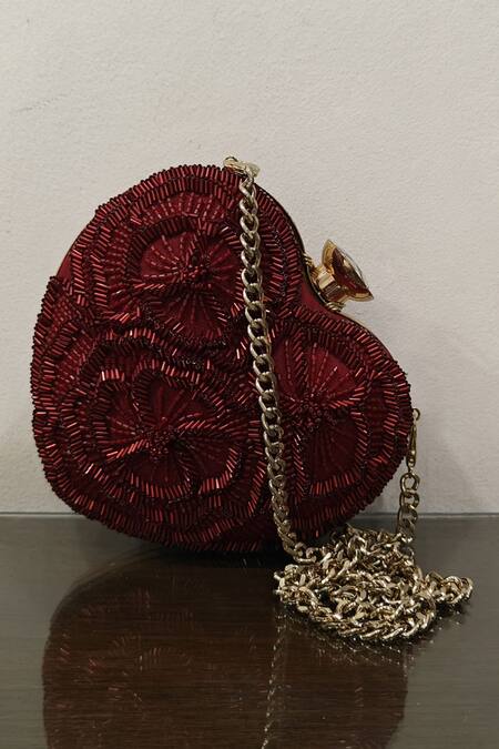 Buy_Plode_Red Cut Work, Embroidery Embellished Heart Clutch With Sling _Online_at_Aza_Fashions