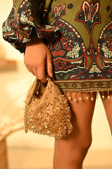 Plode_Gold Beads, Crystals, Sequins Hobo Embroidered Bag _Online_at_Aza_Fashions
