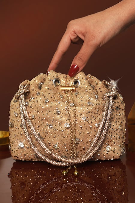 Plode_Gold Rhinestones, Crystals Embellished Bucket Bag _at_Aza_Fashions