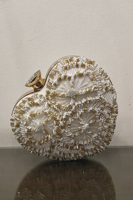 Buy_Plode_White Beads, Cut Work Hand Embellished Heart Clutch With Sling _Online_at_Aza_Fashions