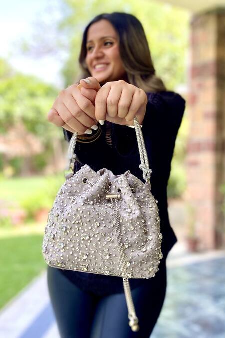Plode_Grey Rhinestones, Crystals Embellished Bucket Bag _Online_at_Aza_Fashions