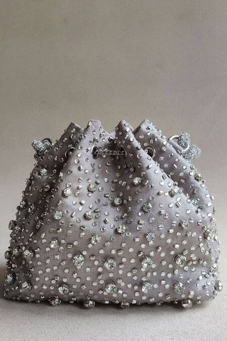 Plode_Grey Rhinestones, Crystals Embellished Bucket Bag _at_Aza_Fashions