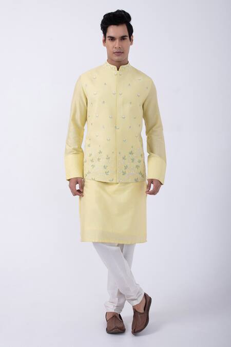 Kaka Calcutta Yellow Cotton Cut Work, Embroidery Cutdana Bundi Jacket 