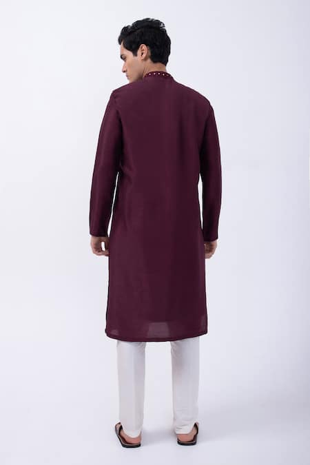 Shop Kaka Calcutta Wine Bamboo, Cotton, Silk Mirrors, Embroidery Threadwork Kurta With Pyjama at Aza Fashions Shop_Kaka Calcutta_Wine Bamboo, Cotton, Silk Mirrors, Embroidery Threadwork Kurta With Pyjama _at_Aza_Fashions