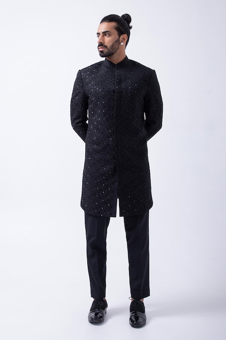 Kaka Calcutta Black Satin Beads Embellished Sherwani With Pant 