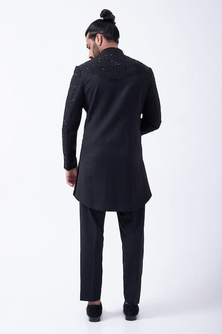 Shop Kaka Calcutta Black Satin Beads Embellished Sherwani With Pant at Aza Fashions Shop_Kaka Calcutta_Black Satin Beads Embellished Sherwani With Pant _at_Aza_Fashions