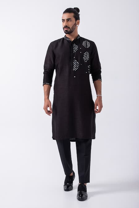 Kaka Calcutta Black Bamboo, Cotton, Silk Mirrors Embellished Kurta With Pyjama 