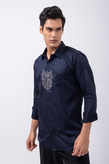 Shop Kaka Calcutta Black Gingham Beads Owl Embellished Shirt Online at Aza Fashions Shop_Kaka Calcutta_Black Gingham Beads Owl Embellished Shirt _Online_at_Aza_Fashions