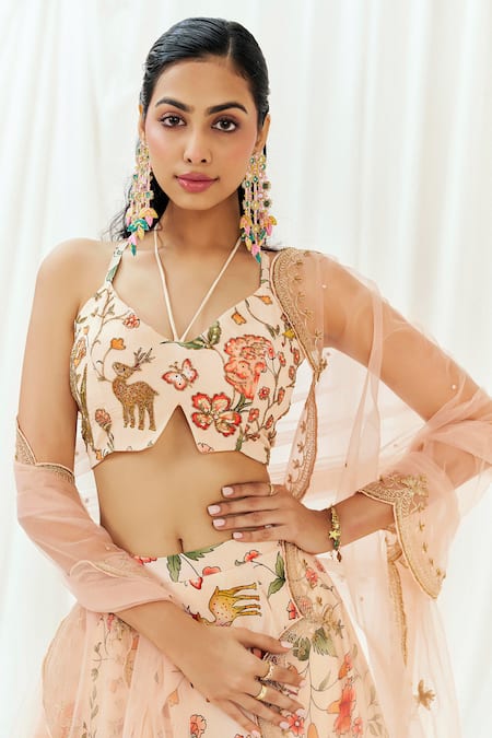 Redpine Designs_Pink Viscose, Crepe, Net Cut Work, Sequins Printed And Embroidered Lehenga Set _at_Aza_Fashions