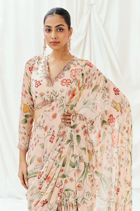 Redpine Designs_Pink Viscose Georgette Sequins V-neck Floral Print Pre-draped Saree With Blouse _Online_at_Aza_Fashions