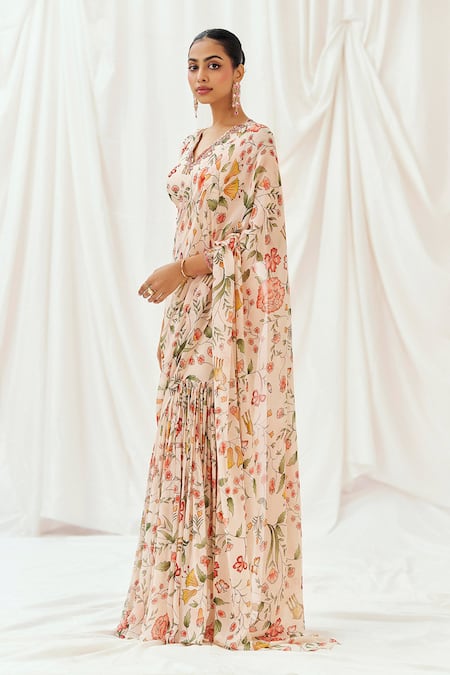 Buy_Redpine Designs_Pink Viscose Georgette Sequins V-neck Floral Print Pre-draped Saree With Blouse _Online_at_Aza_Fashions