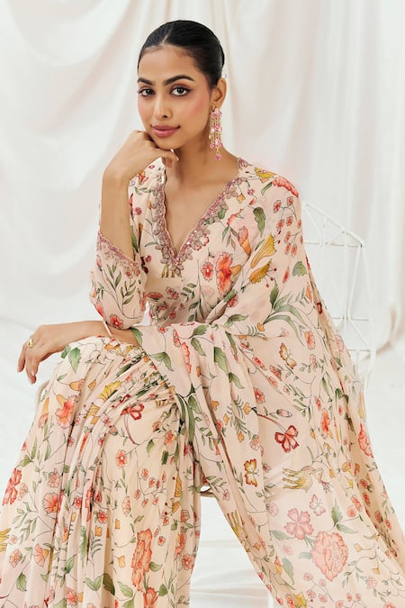 Shop_Redpine Designs_Pink Viscose Georgette Sequins V-neck Floral Print Pre-draped Saree With Blouse _Online_at_Aza_Fashions