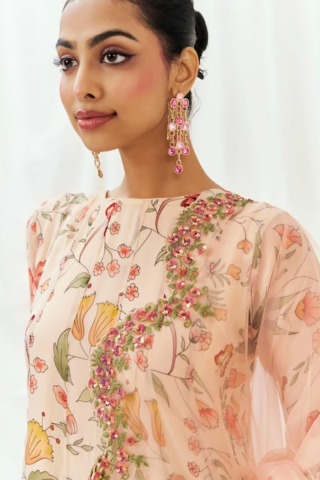 Redpine Designs_Pink Viscose, Organza, Net Sequins Round Neck Floral Print Anarkali With Dupatta _Online_at_Aza_Fashions