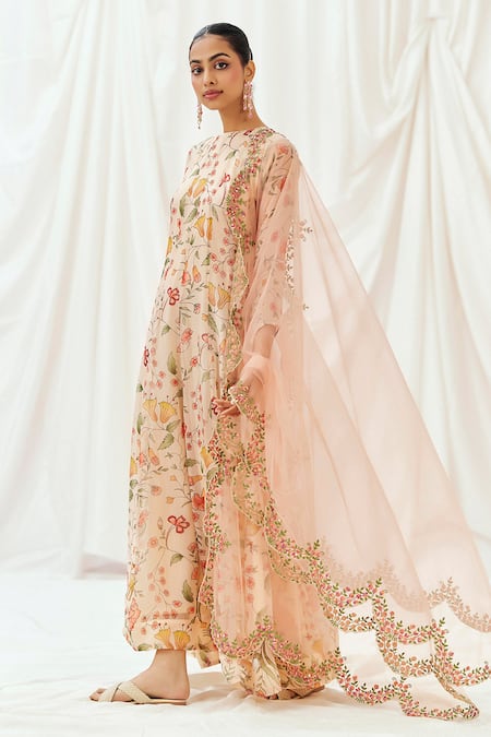 Buy_Redpine Designs_Pink Viscose, Organza, Net Sequins Round Neck Floral Print Anarkali With Dupatta _Online_at_Aza_Fashions