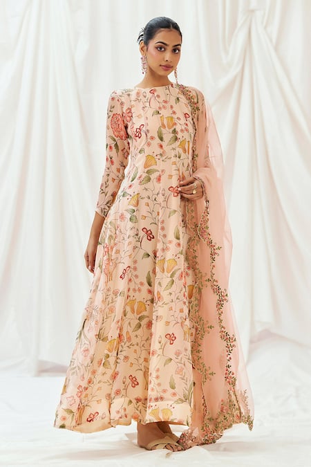 Shop_Redpine Designs_Pink Viscose, Organza, Net Sequins Round Neck Floral Print Anarkali With Dupatta _Online_at_Aza_Fashions