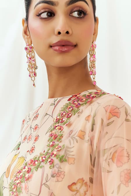 Redpine Designs_Pink Viscose, Organza, Net Sequins Round Neck Floral Print Anarkali With Dupatta _at_Aza_Fashions