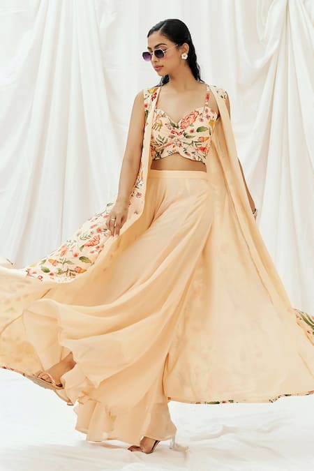 Redpine Designs Pink , Crepe, Georgette V-neck, Floral Print Jacket Sharara Set Online at Aza Fashions Redpine Designs_Pink , Crepe, Georgette V-neck, Floral Print Jacket Sharara Set _Online_at_Aza_Fashions