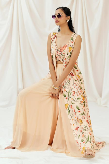 Buy Redpine Designs Pink , Crepe, Georgette V-neck, Floral Print Jacket Sharara Set Online at Aza Fashions Buy_Redpine Designs_Pink , Crepe, Georgette V-neck, Floral Print Jacket Sharara Set _Online_at_Aza_Fashions