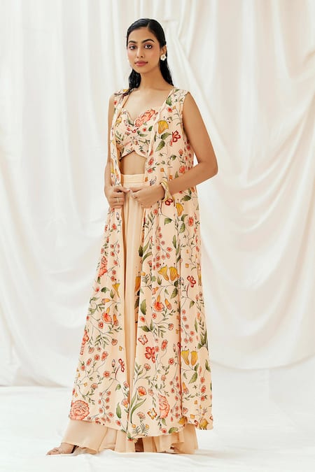 Shop Redpine Designs Pink , Crepe, Georgette V-neck, Floral Print Jacket Sharara Set Online at Aza Fashions Shop_Redpine Designs_Pink , Crepe, Georgette V-neck, Floral Print Jacket Sharara Set _Online_at_Aza_Fashions