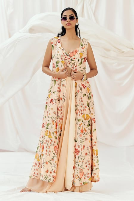 Redpine Designs Pink , Crepe, Georgette V-neck, Floral Print Jacket Sharara Set
