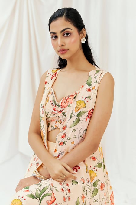 Redpine Designs Pink , Crepe, Georgette V-neck, Floral Print Jacket Sharara Set at Aza Fashions Redpine Designs_Pink , Crepe, Georgette V-neck, Floral Print Jacket Sharara Set _at_Aza_Fashions