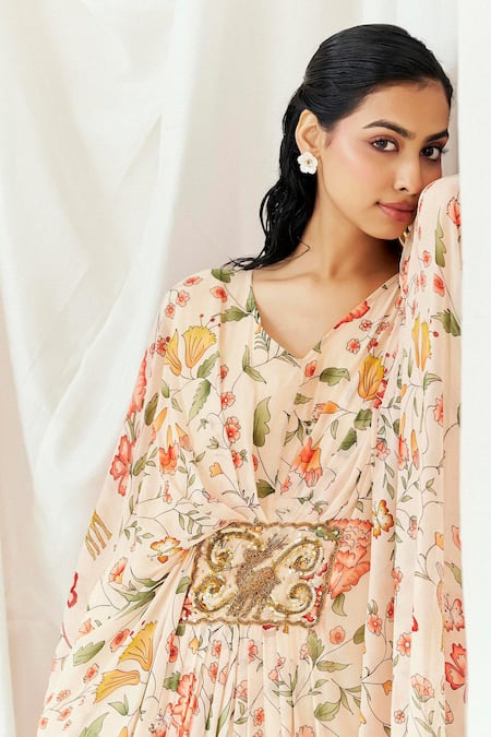 Redpine Designs_Pink Viscose Georgette Sequins V-neck Floral Print Kaftan _Online_at_Aza_Fashions