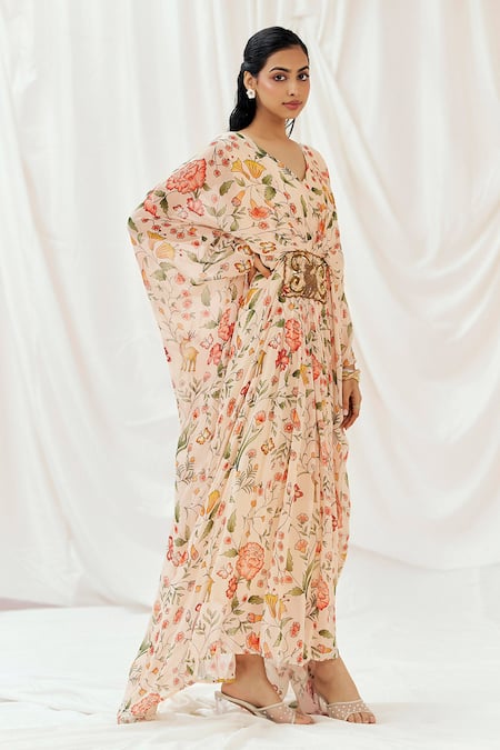 Buy_Redpine Designs_Pink Viscose Georgette Sequins V-neck Floral Print Kaftan _Online_at_Aza_Fashions