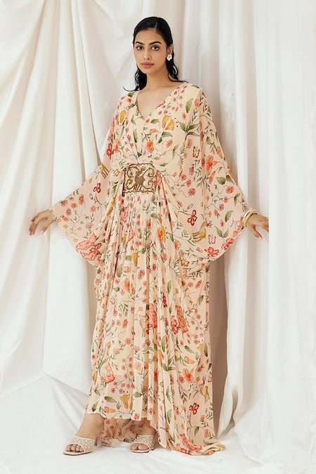 Shop_Redpine Designs_Pink Viscose Georgette Sequins V-neck Floral Print Kaftan _Online_at_Aza_Fashions