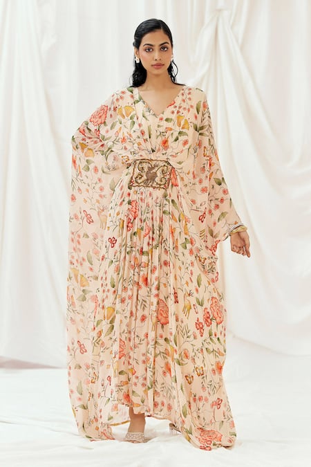 Redpine Designs Pink Viscose Georgette Sequins V-neck Floral Print Kaftan
