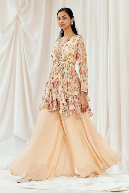 Redpine Designs_Pink Viscose Georgette Sequins, Mirrors Floral Print Peplum Kurta And Sharara Set _Online_at_Aza_Fashions