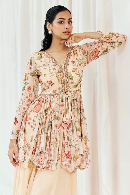 Buy_Redpine Designs_Pink Viscose Georgette Sequins, Mirrors Floral Print Peplum Kurta And Sharara Set _Online_at_Aza_Fashions