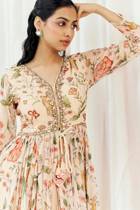 Shop_Redpine Designs_Pink Viscose Georgette Sequins, Mirrors Floral Print Peplum Kurta And Sharara Set _Online_at_Aza_Fashions