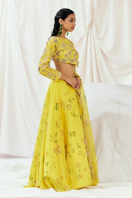 Redpine Designs_Yellow Viscose, Organza, Silk Sequins, Mirrors, Printed And Lehenga Set _Online_at_Aza_Fashions