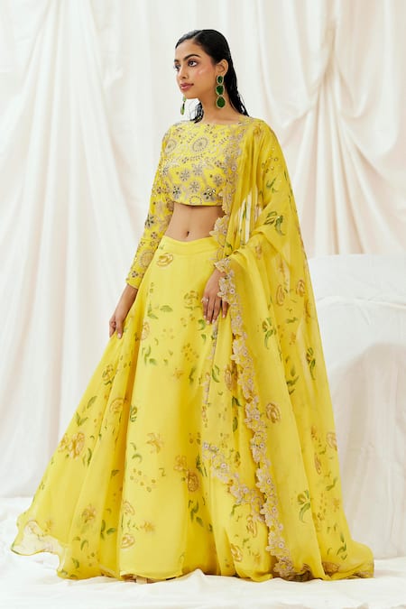 Buy_Redpine Designs_Yellow Viscose, Organza, Silk Sequins, Mirrors, Printed And Lehenga Set _Online_at_Aza_Fashions