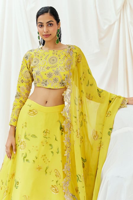 Redpine Designs_Yellow Viscose, Organza, Silk Sequins, Mirrors, Printed And Lehenga Set _at_Aza_Fashions
