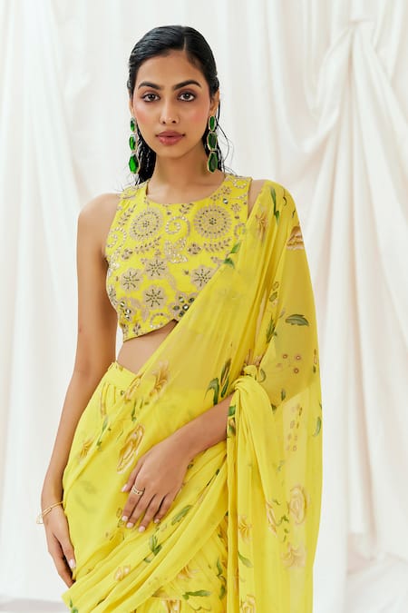 Redpine Designs Yellow Georgette, Silk, Cut Printed Pre-draped Saree With Blouse Online at Aza Fashions Redpine Designs_Yellow Georgette, Silk, Cut Printed Pre-draped Saree With Blouse _Online_at_Aza_Fashions