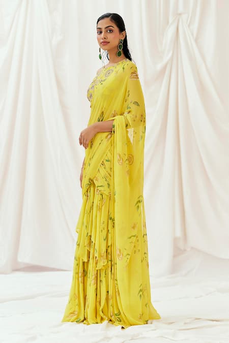 Shop Redpine Designs Yellow Georgette, Silk, Cut Printed Pre-draped Saree With Blouse Online at Aza Fashions Shop_Redpine Designs_Yellow Georgette, Silk, Cut Printed Pre-draped Saree With Blouse _Online_at_Aza_Fashions