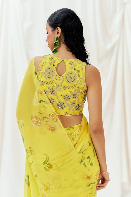 Redpine Designs Yellow Georgette, Silk, Cut Printed Pre-draped Saree With Blouse at Aza Fashions Redpine Designs_Yellow Georgette, Silk, Cut Printed Pre-draped Saree With Blouse _at_Aza_Fashions