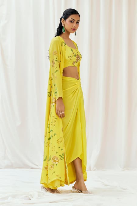 Redpine Designs_Yellow Viscose, Crepe Sequins, Cut Work Round Printed Jacket Draped Skirt Set _Online_at_Aza_Fashions