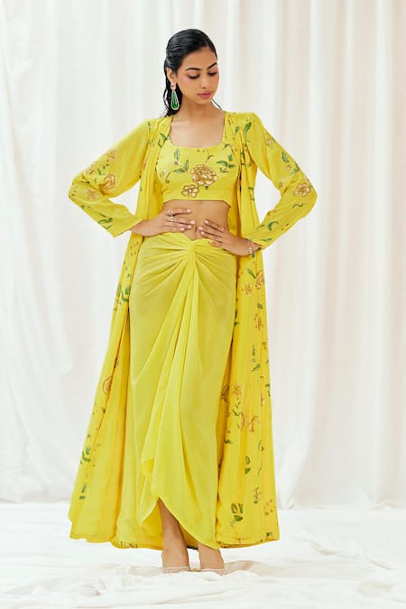 Redpine Designs Yellow Viscose, Crepe Sequins, Cut Work Round Printed Jacket Draped Skirt Set 