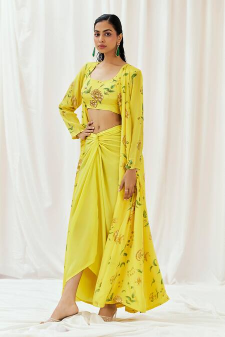 Buy_Redpine Designs_Yellow Viscose, Crepe Sequins, Cut Work Round Printed Jacket Draped Skirt Set _Online_at_Aza_Fashions