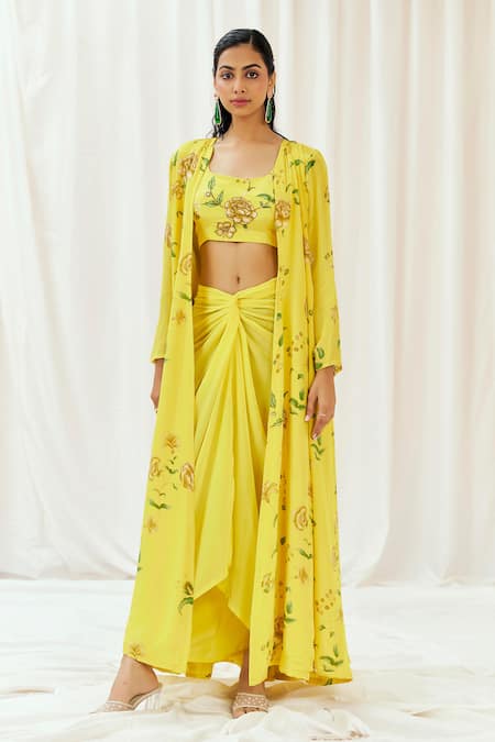 Shop_Redpine Designs_Yellow Viscose, Crepe Sequins, Cut Work Round Printed Jacket Draped Skirt Set _Online_at_Aza_Fashions