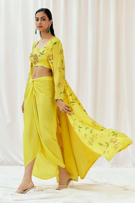 Redpine Designs_Yellow Viscose, Crepe Sequins, Cut Work Round Printed Jacket Draped Skirt Set _at_Aza_Fashions